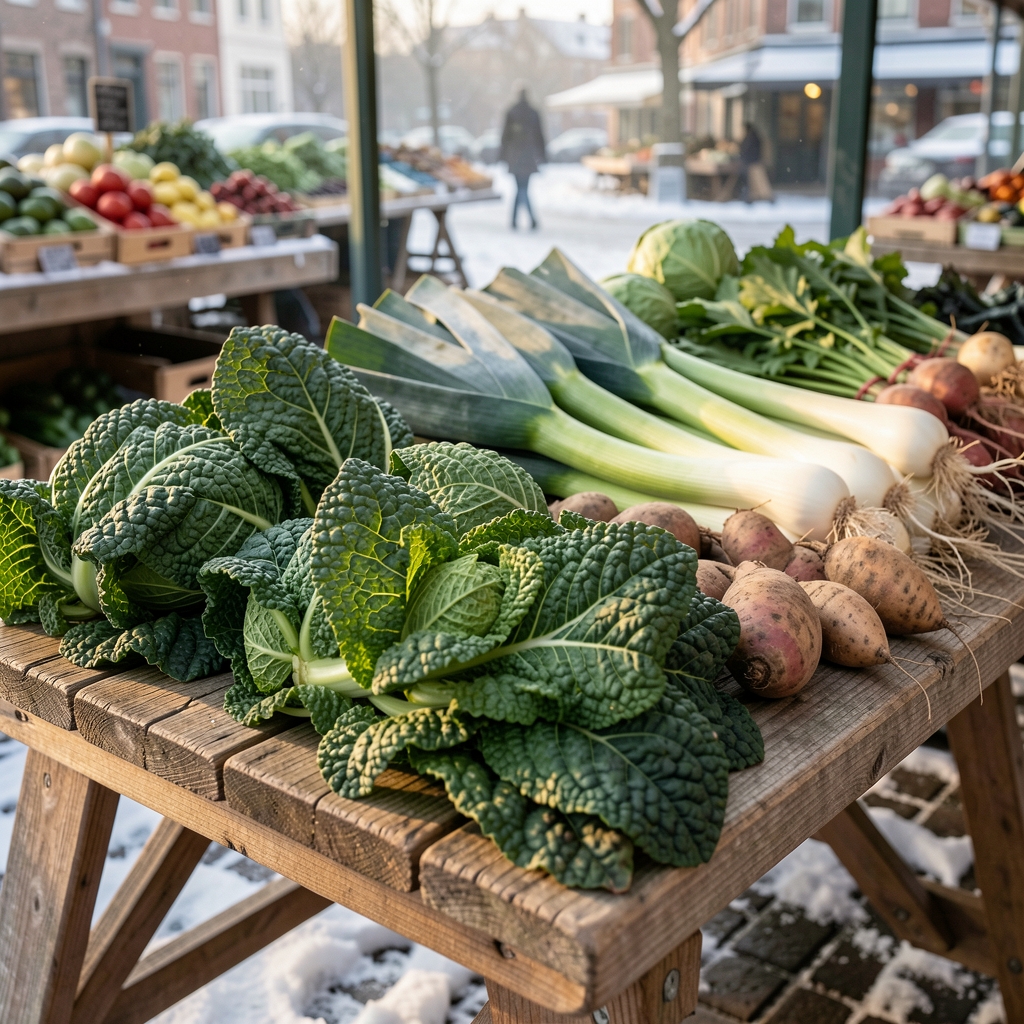 Close-up of freshly harvested kale, leeks, and root vegetables laid out on a wooden market trestle in morning winter light