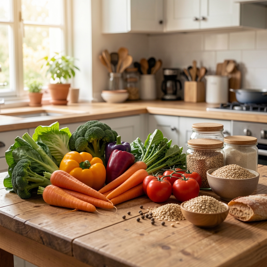 Vibrant seasonal vegetables and whole grain foods arranged on a wooden kitchen table in natural morning light